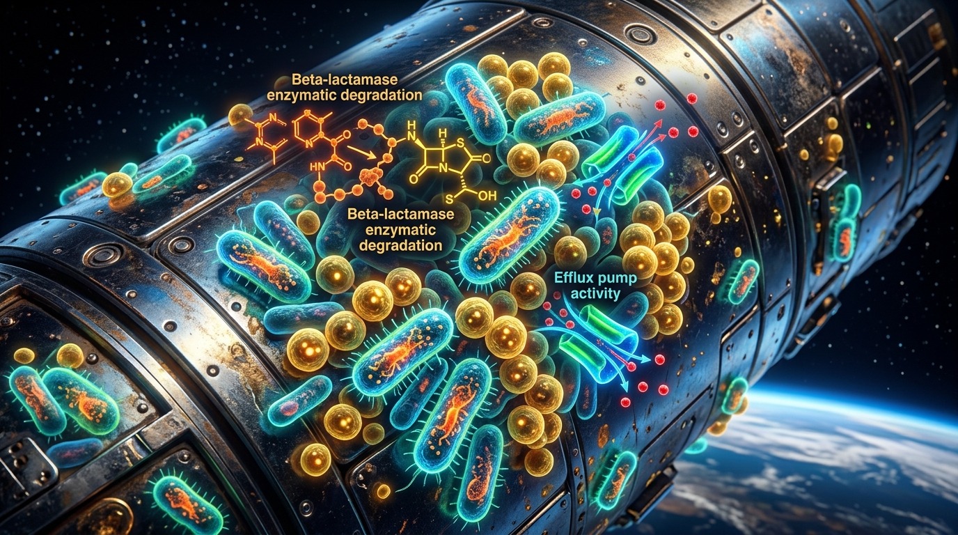 Tracking Superbugs in Space. In its fourth and final planned phase, a precision health study monitors surface-dwelling antibiotic-resistant bacteria across the ISS to protect crews and illuminate microbial evolution. Conceptual illustration.