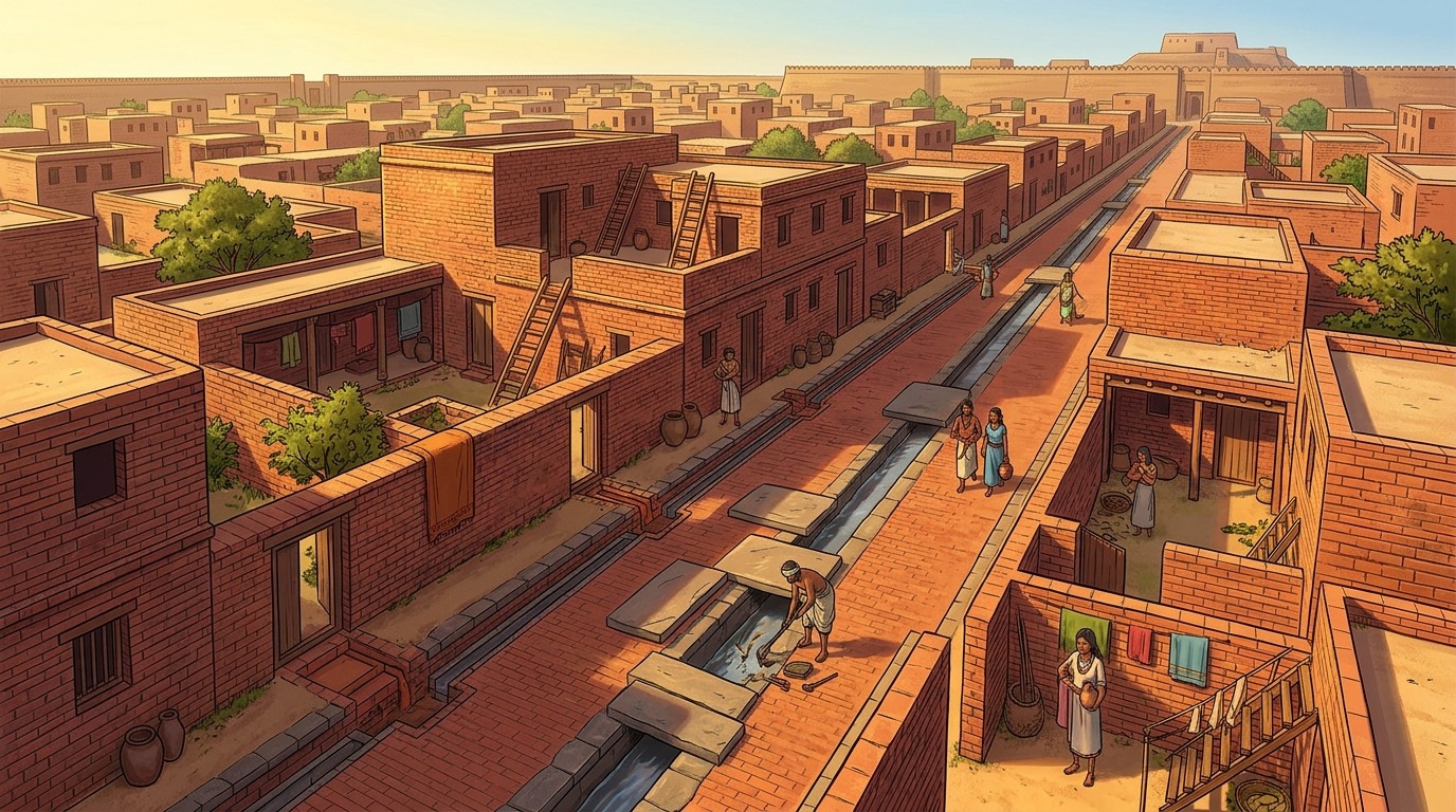 The Mature Harappan Climax. Between 2600 and 1900 BC, Indus cities reached peak development, distinguished by standardized mud and fired bricks, municipal drainage, writing, and wide trade networks. Conceptual illustration.